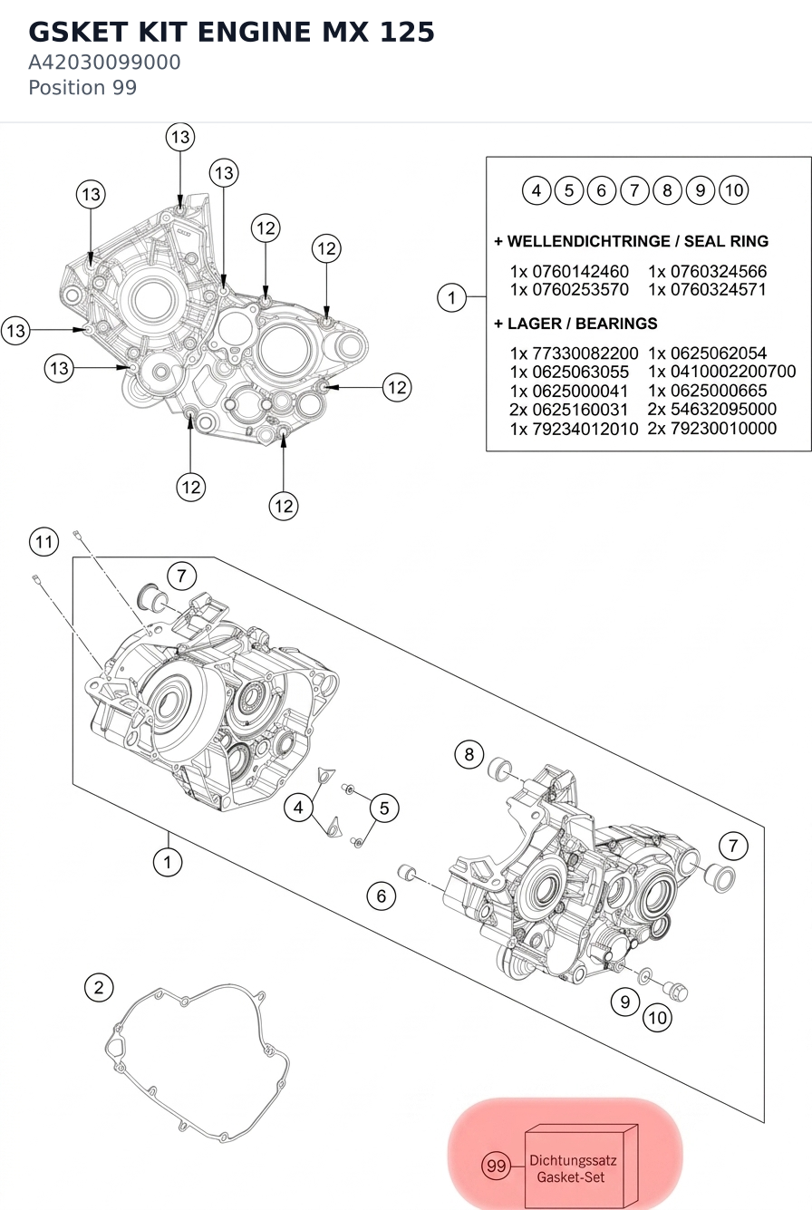 Diagram preview: GSKET KIT ENGINE MX 125 (A42030099000)