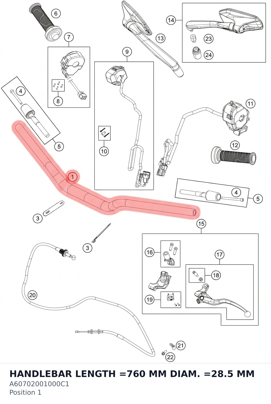 Diagram preview: HANDLEBAR LENGTH =760 MM DIAM. =28.5 MM (A60702001000C1)