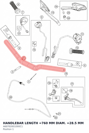 Diagram preview: HANDLEBAR LENGTH =760 MM DIAM. =28.5 MM (A60702001000C1)