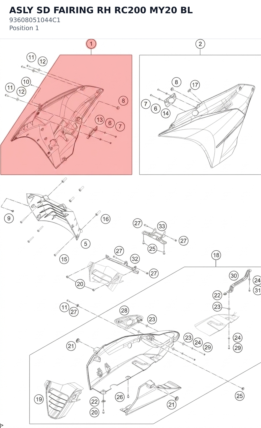 Diagram preview: ASLY SD FAIRING RH RC200 MY20 BL (93608051044C1)