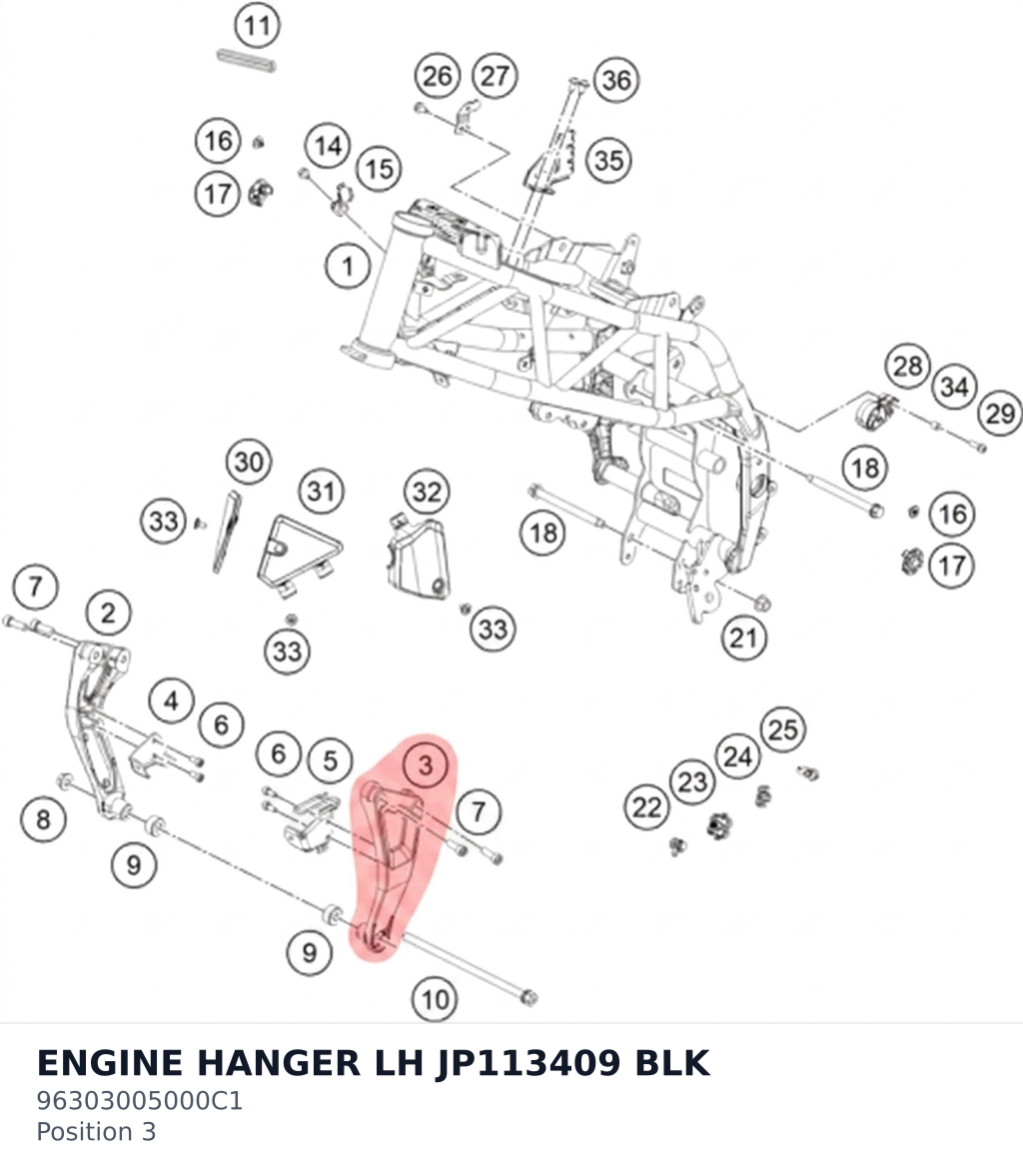 Diagram preview: ENGINE HANGER LH JP113409 BLK (96303005000C1)