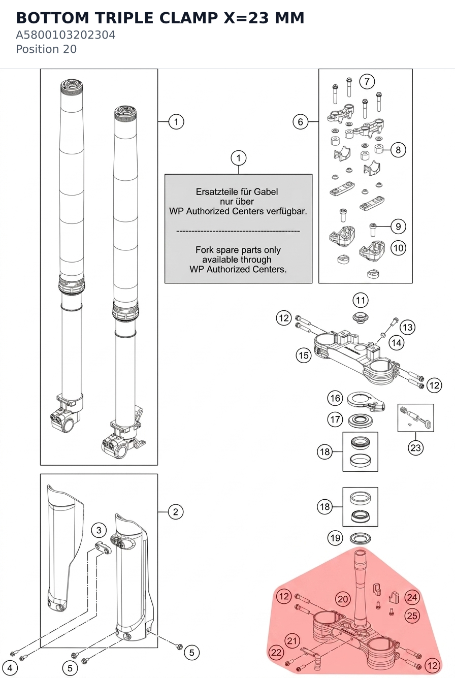 Diagram preview: BOTTOM TRIPLE CLAMP X=23 MM (A5800103202304)