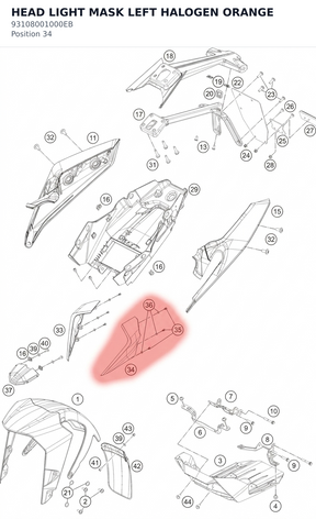 Diagram preview: HEAD LIGHT MASK LEFT HALOGEN ORANGE (93108001000EB)
