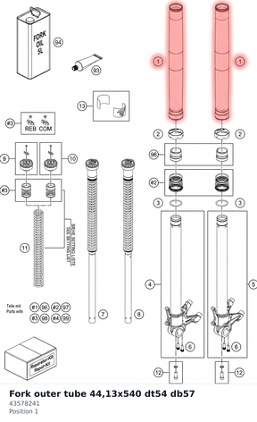Diagram preview: Fork outer tube 44,13x540 dt54 db57 (43578241)