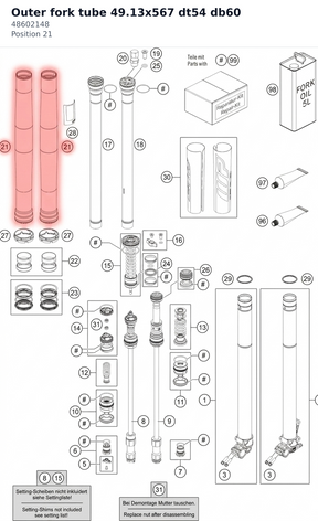 Diagram preview: Outer fork tube 49.13x567 dt54 db60 (48602148)