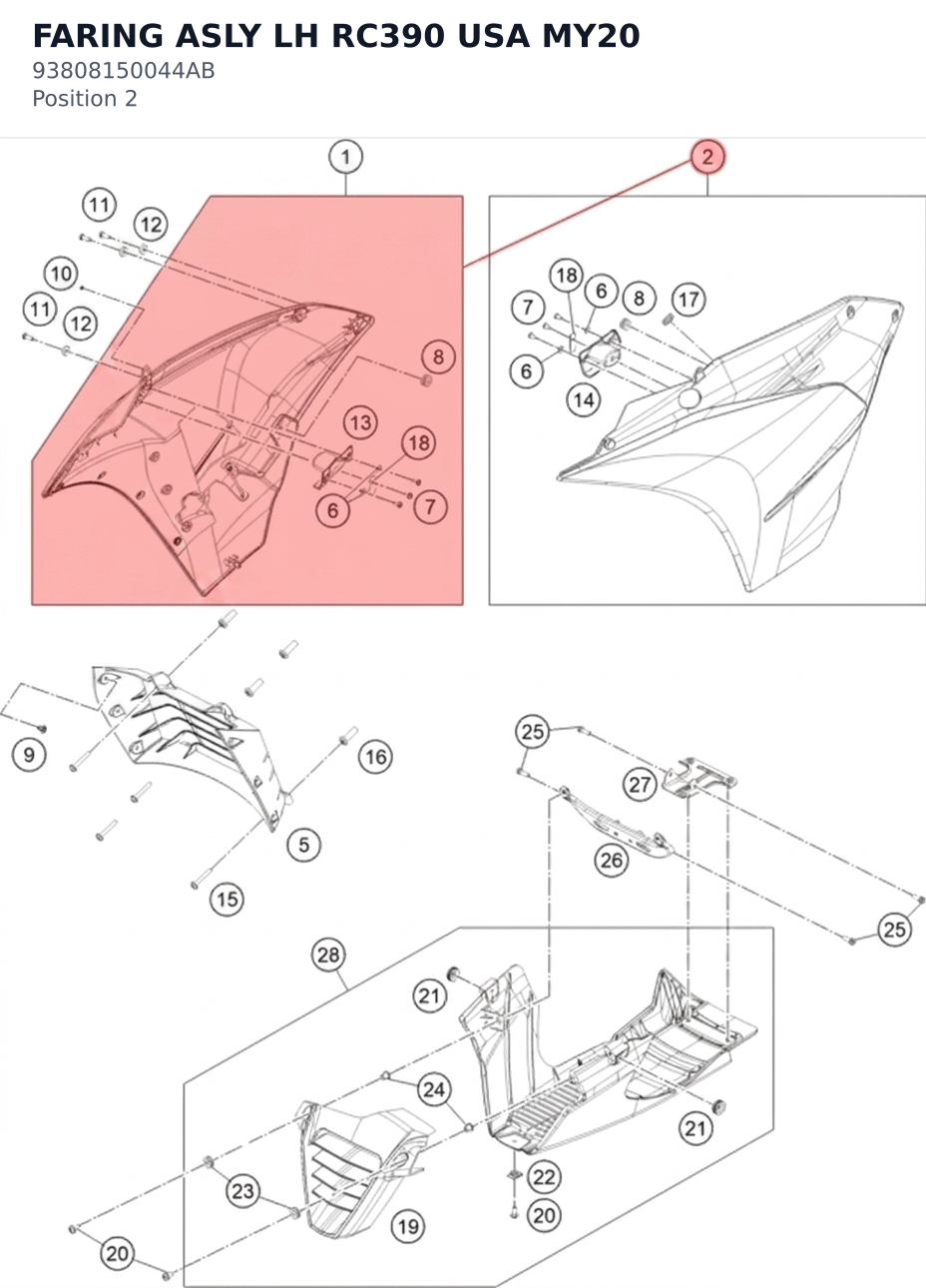 Diagram preview: FARING ASLY LH RC390 USA MY20 (93808150044AB)