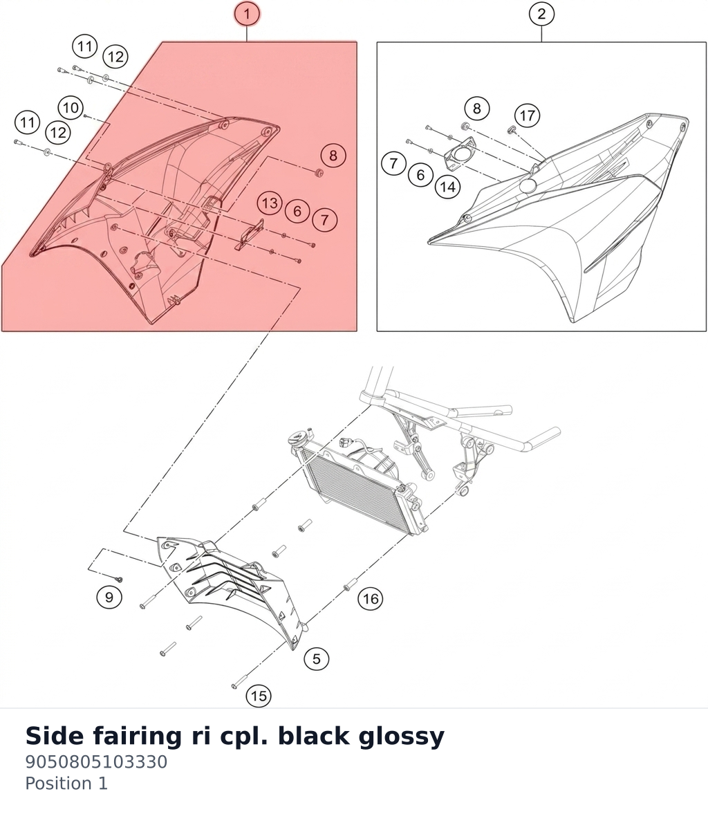 Diagram preview: Side fairing ri cpl. black glossy (9050805103330)