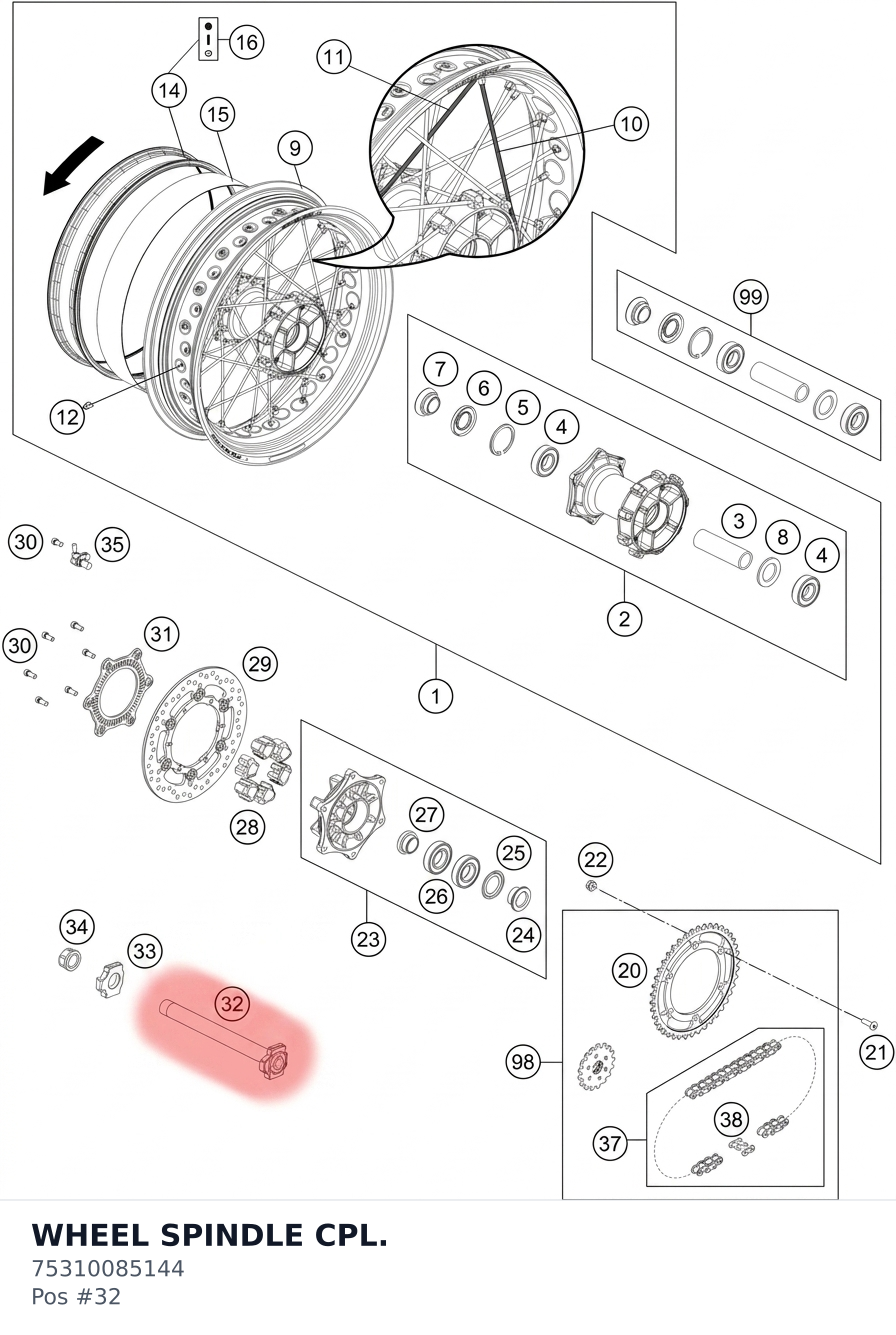 Diagram preview: WHEEL SPINDLE CPL. (75310085144)