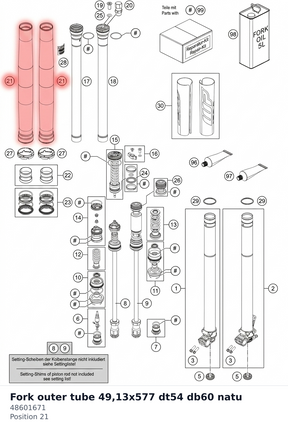 Diagram preview: Fork outer tube 49,13x577 dt54 db60 natu (48601671)