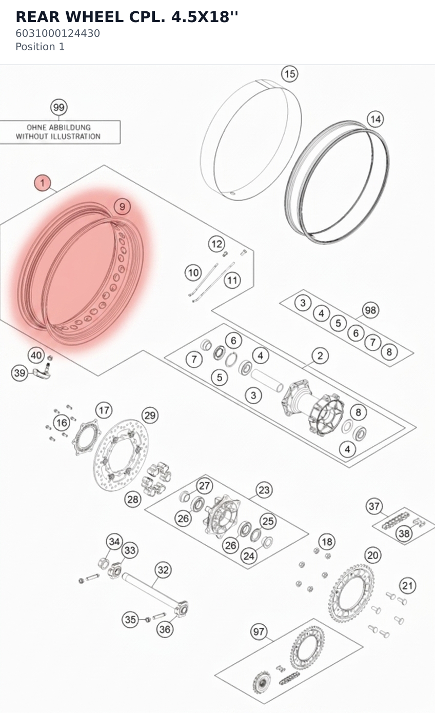 Diagram preview: REAR WHEEL CPL. 4.5X18'' (6031000124430)